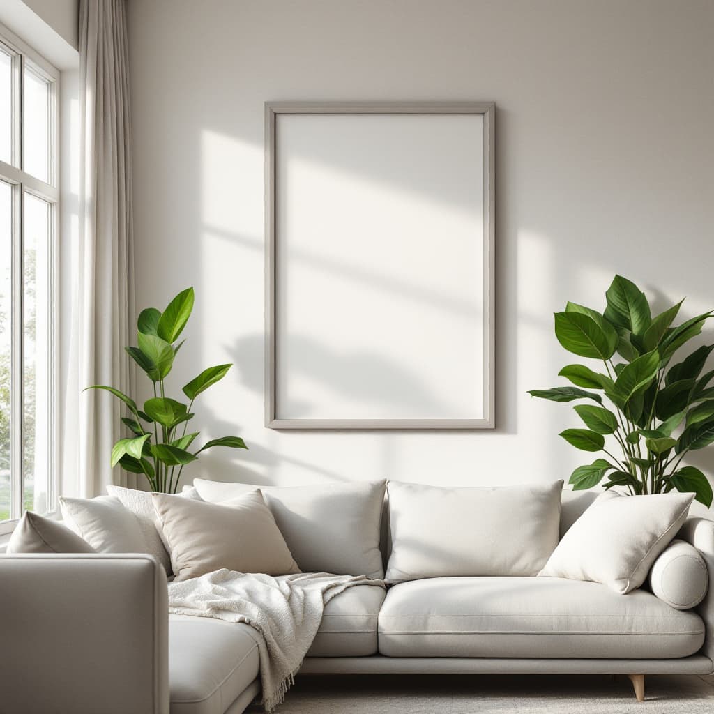AI generated: A realistic, minimalistic living room with modern furniture in neutral tones, complemented by lush, ...