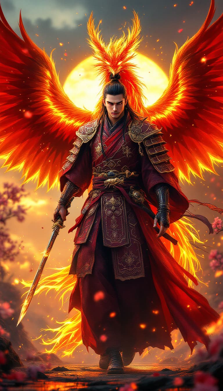 AI generated: An ultra-realistic, zoomed out full-body portrait of a regal young Japanese samurai with long black ...