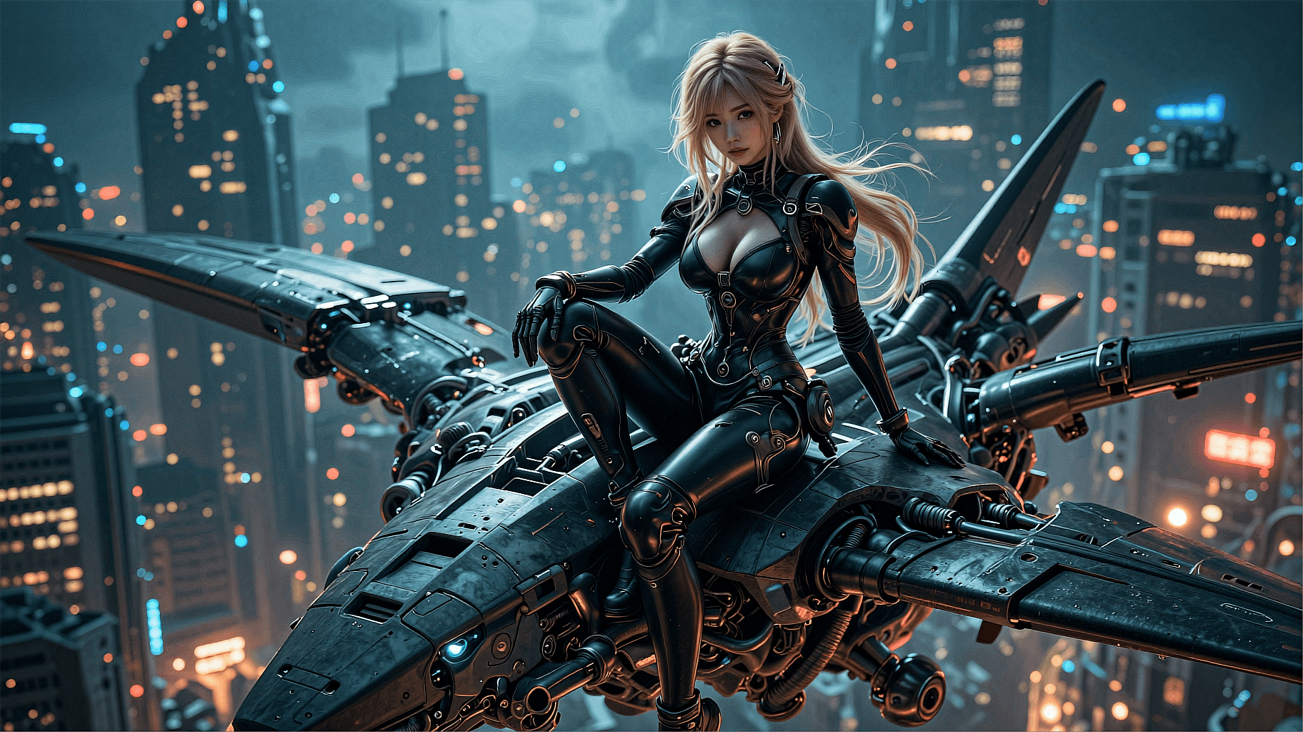 AI generated: The image is a cinematic, horizontal sci-fi concept art piece featuring a female character seated at...