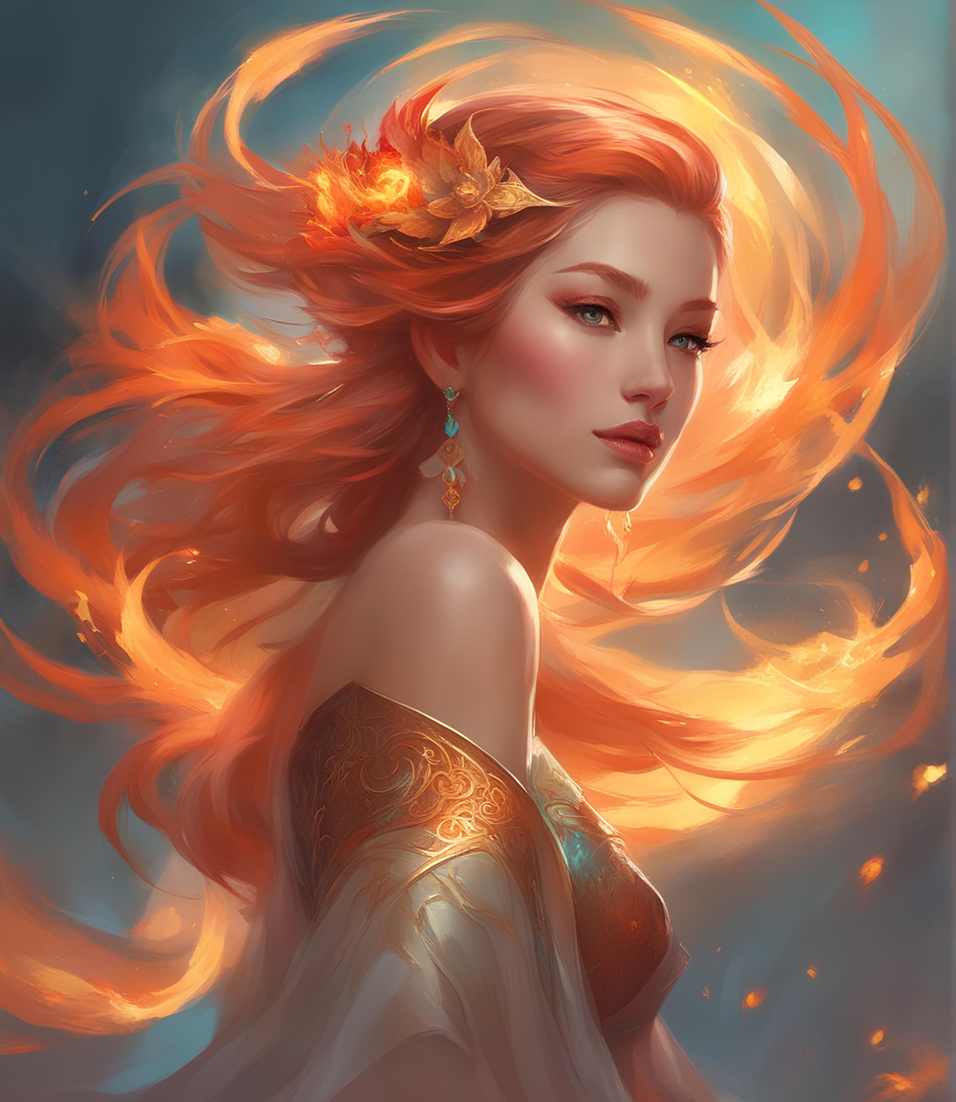 AI generated: an image of a woman with fire in her hair, by Yang J, fantasy art, in the style of ross tran, dress ...