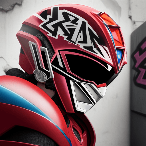 AI generated: power ranger type helmets with graffiti on them.