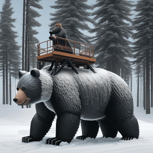 AI generated: design a steel bear, whose back will be at the height of the trees - spruces, his head will stick ou...