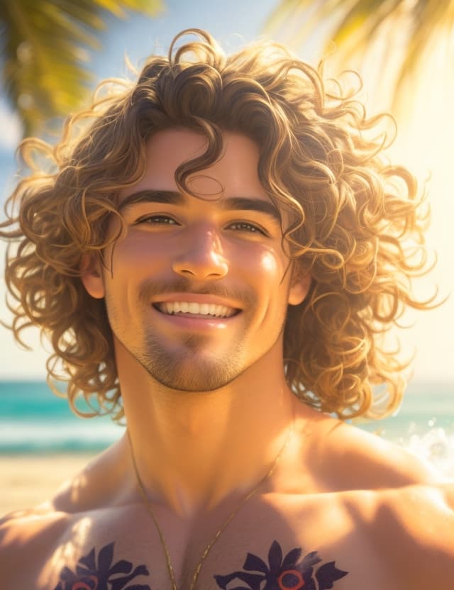 AI generated: beach buff guy, with wavy hair, looking at the viewer