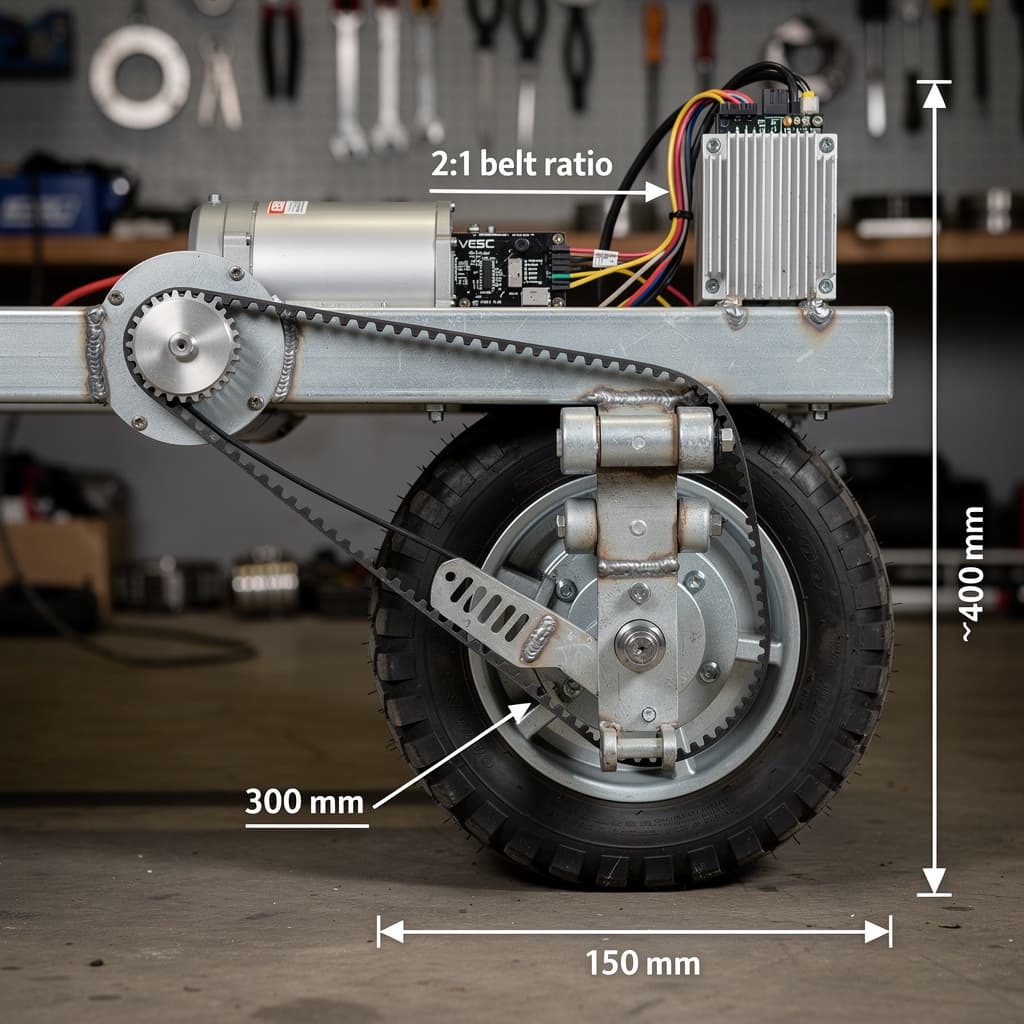 AI generated: Technical photograph of complete wheel drive assembly for agricultural robot, showing axial flux BLD...