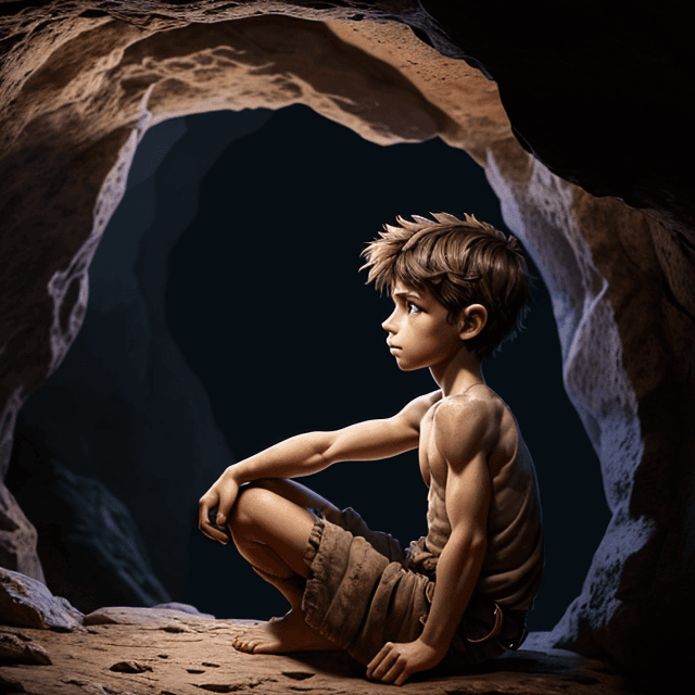 AI generated:  a young prehistoric boy sits in a cave, side view, 8k