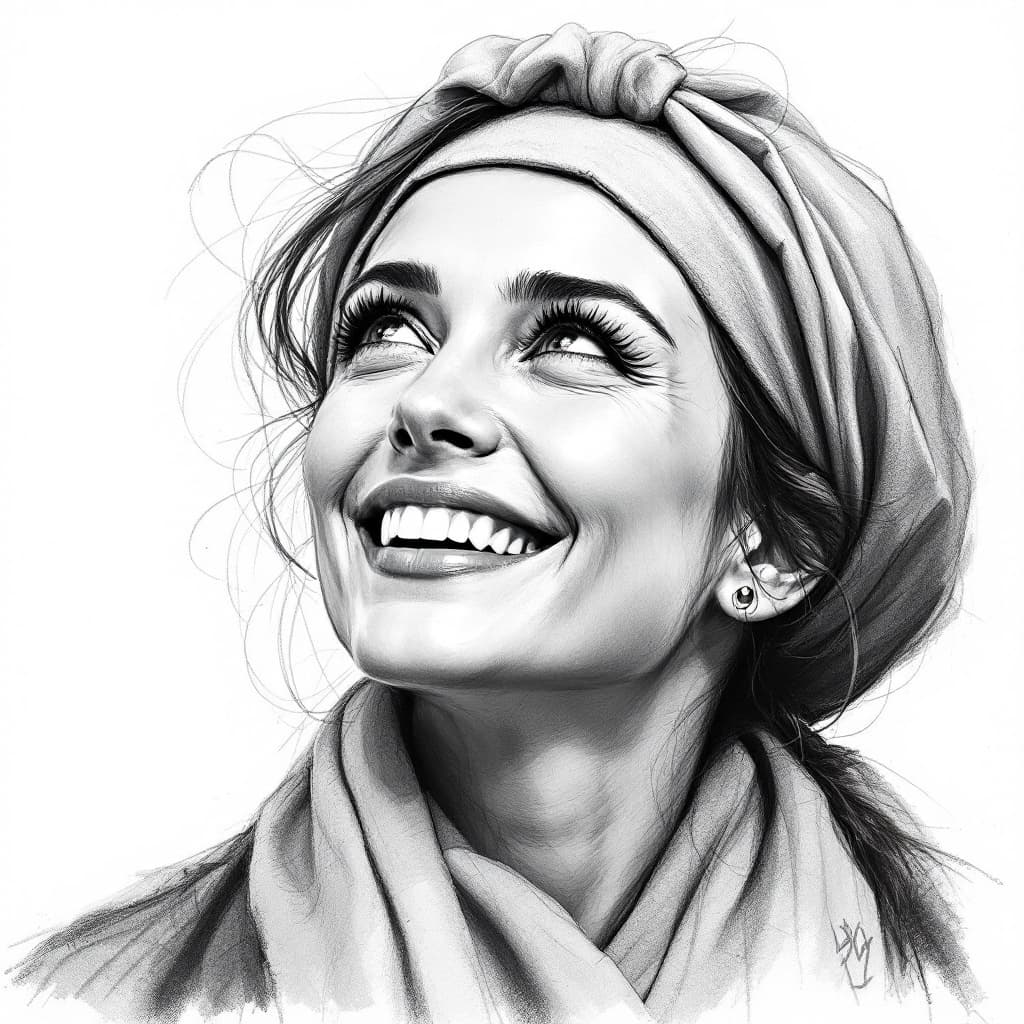 AI generated: Attractive woman, 30s, charcoal sketch, expressive, looking slightly up, wearing a little scarf on h...