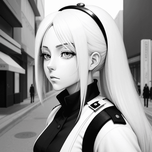AI generated: no color, perfect anime illustration, close portrait of a police girl walking in city, {{{{{{black a...