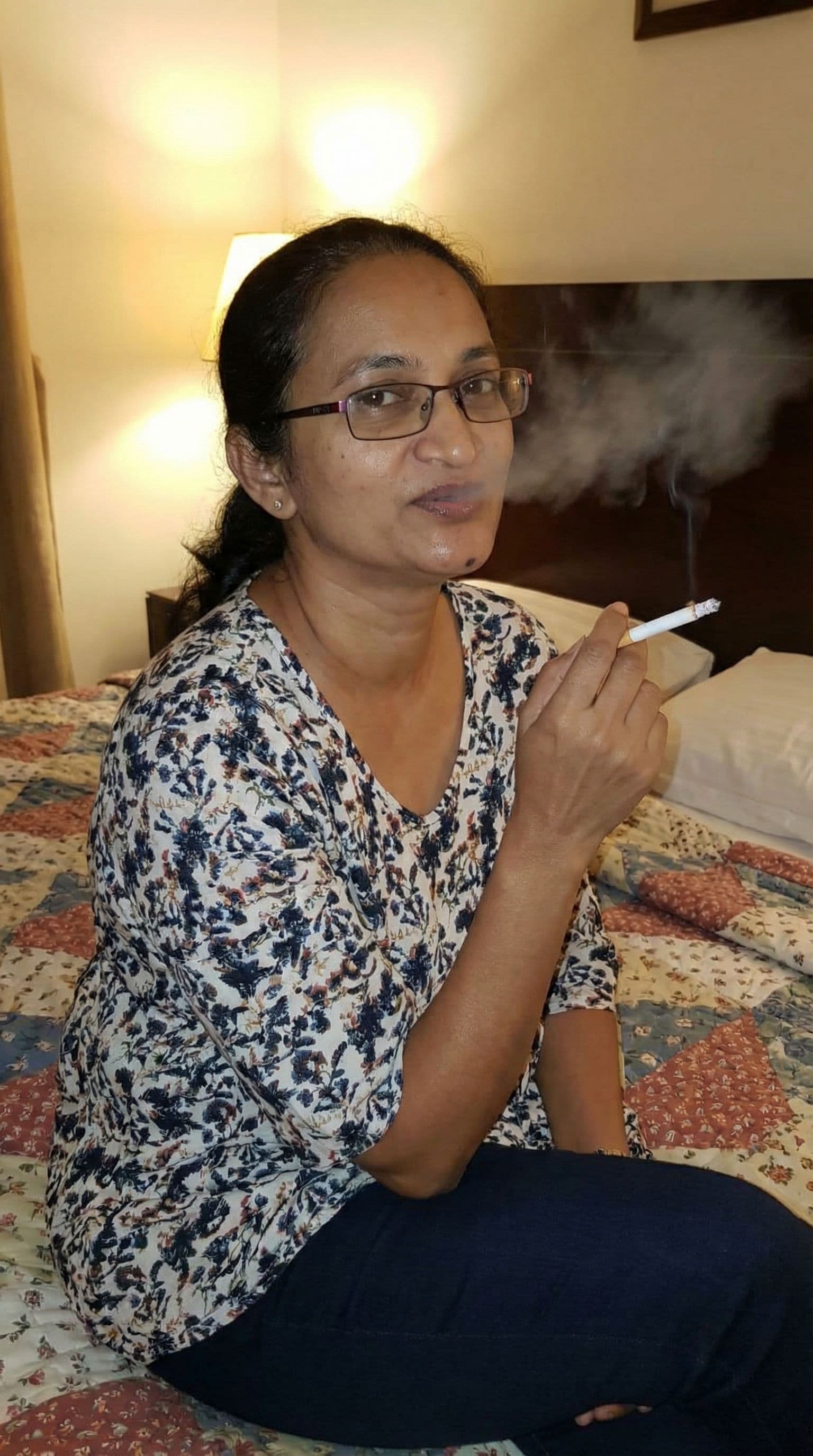 AI generated: Make to lady suck cock and take it like doggy style on bed while holding a smoke