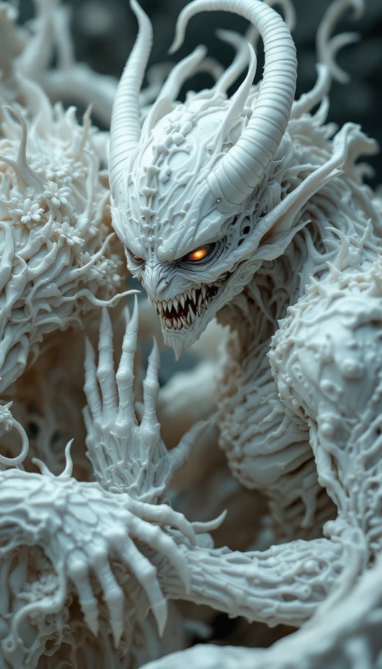 AI generated: Carved porcelain cyborg demons,different full body modelposition, high detailed cinematic background...