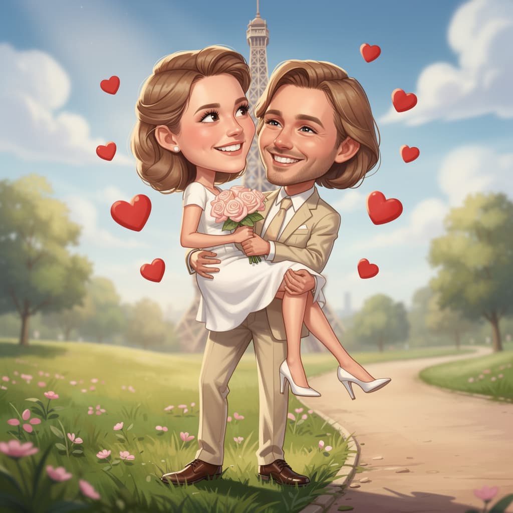 AI generated: A romantic caricature-style illustration of a smiling couple in Paris. The man, wearing a beige suit...