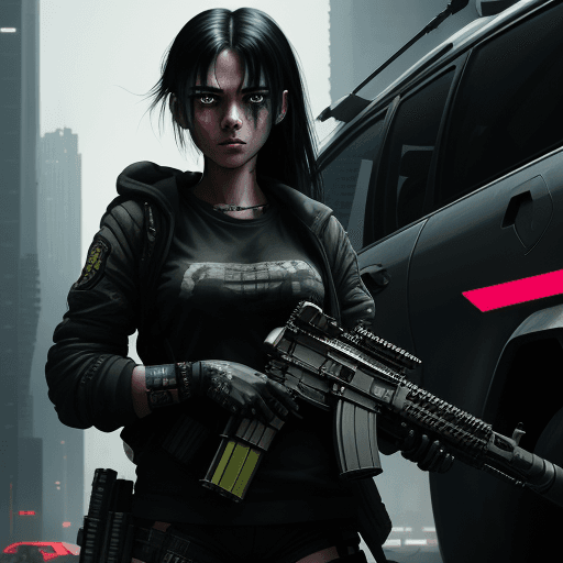 AI generated: A cyberpunk girl with an m416 in her hands, eyes fixed, a scene of brutal defeat behind her, and a l...
