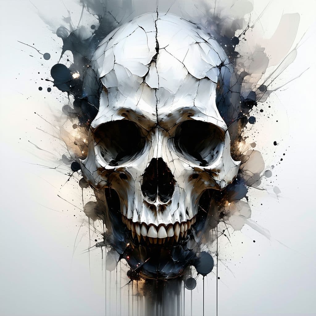 AI generated: A dramatic and artistic skull composition in black, white, and shades of gray, painted in impasto 3D...