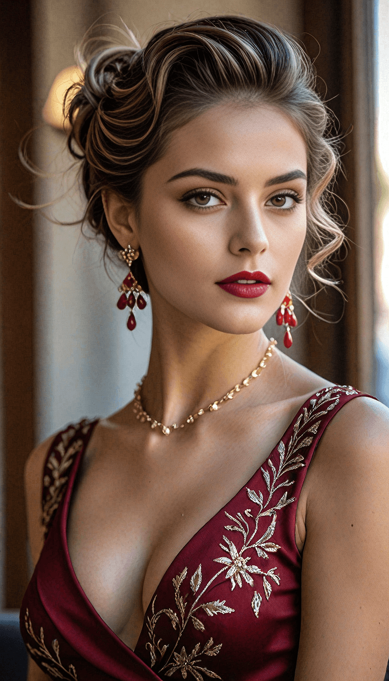 AI generated: A woman in a deep red dress with gold floral embroidery, viewed from the waist up, looking slightly ...