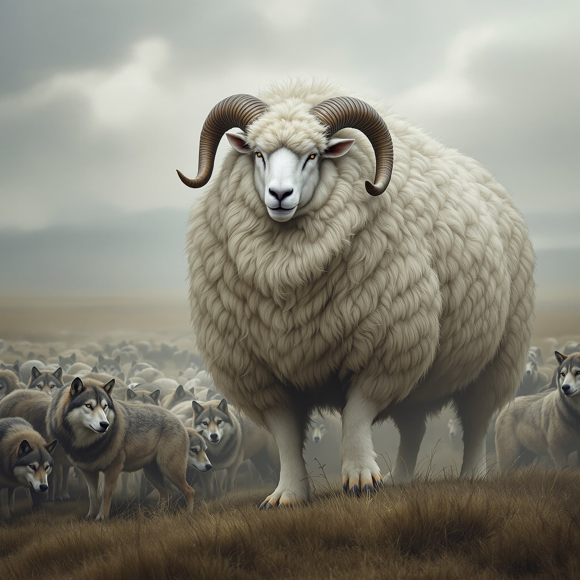 AI generated: a flock of wolves guarded by a very large and strong sheep, with wool wavy in the shape of muscles