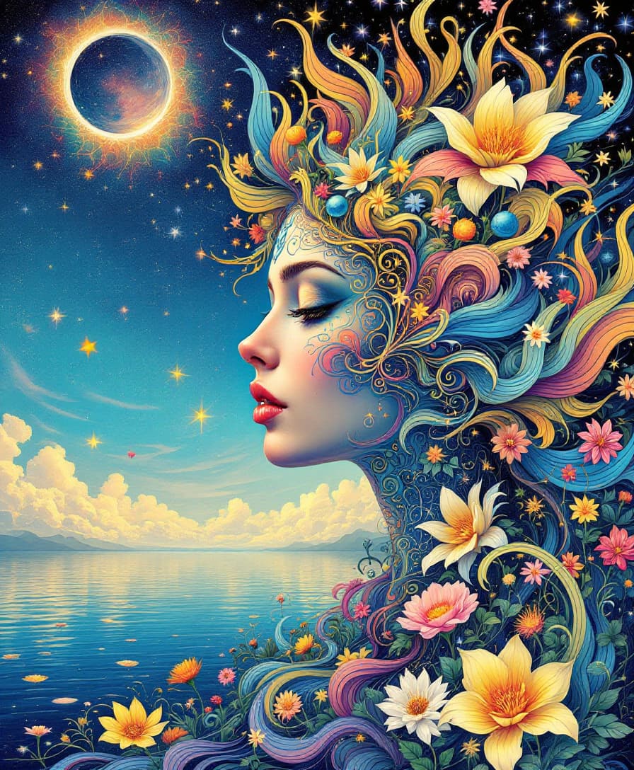 AI generated: a surreal, psychedelic portrait inspired by Alphonse Mucha and Peter Max. The image features a profi...