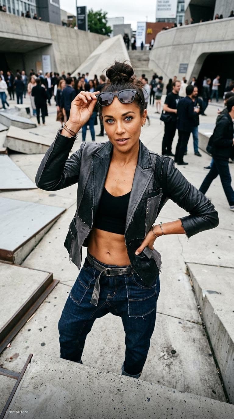 AI generated: event photography, deconstucivist Fashion high angle photo female playful comedian with Fierce deter...
