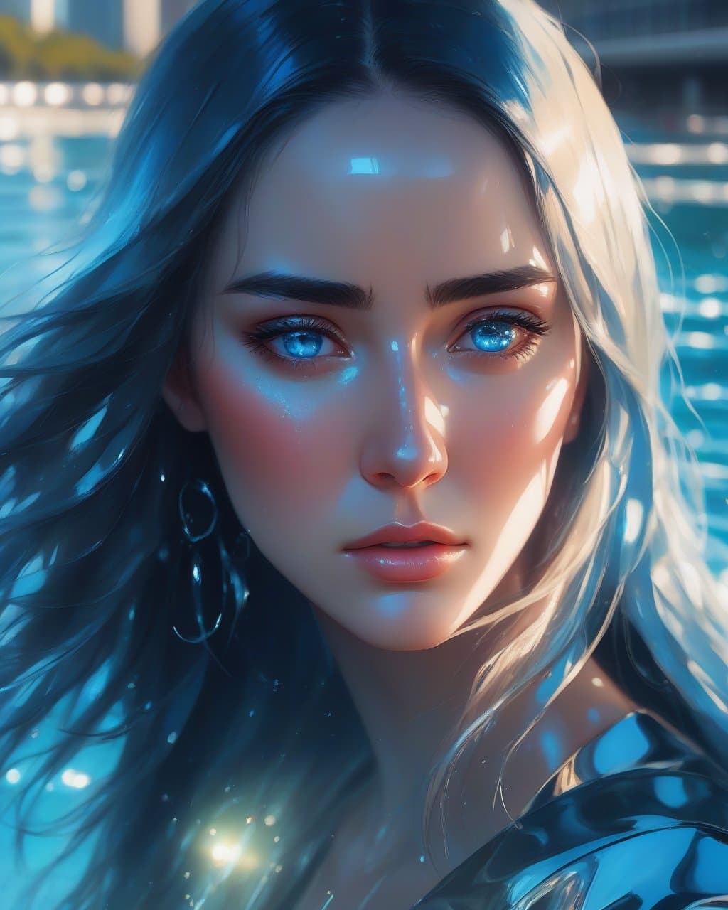 AI generated: full body illustration, Digital illustration, crying woman, tear in her eyes, shiny thick long hair,...