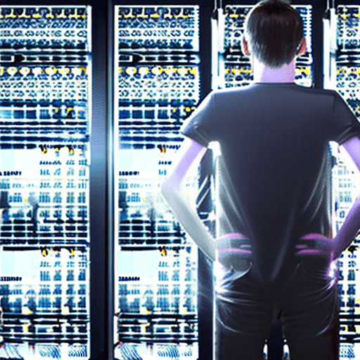 AI generated: (portrait:1. 2) of an IT Technician, data center background, computer server in hand , symmetrical f...
