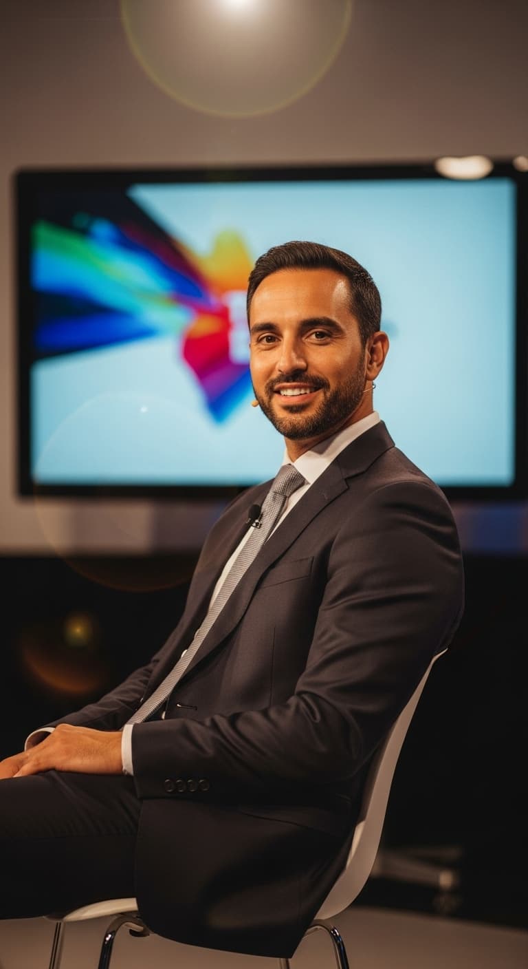 AI generated: artistic portrait photography of handsome guy as a Ted Talk speaker, confident, tanned skin, inspiri...