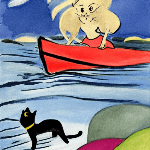 AI generated: Tove Jansson color style illustration : : black cat in the kayak in the storm, big waves around : : ...