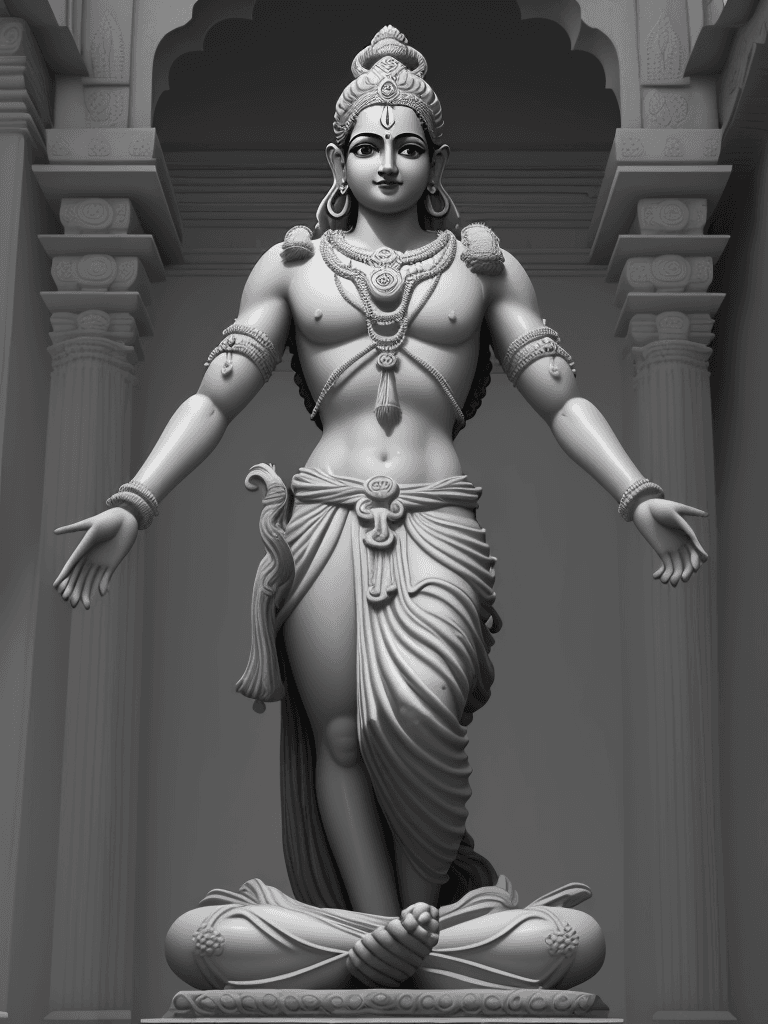 AI generated: a large statue of Lord Krishna with  Arjun looking at it, in the style of unreal engine 5, vrindavan...