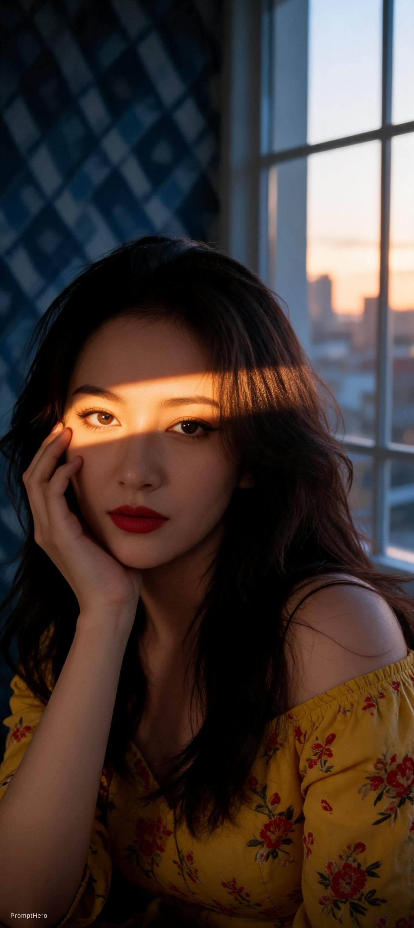 AI generated: A cinematic photorealistic boudoir portrait of a beautiful Asian woman kneeling on a bed. She is wea...
