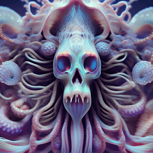 AI generated: Goddess close-up portrait ribcagel. jellyfish phoenix head, nautilus, orchid, skull, betta fish, bio...