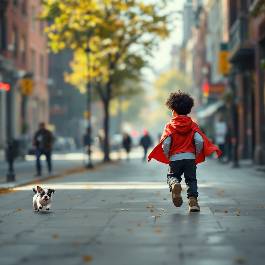 AI generated: image of small dog lost walking on sidewalk in a urban city. when a boy superhero who looks like a a...