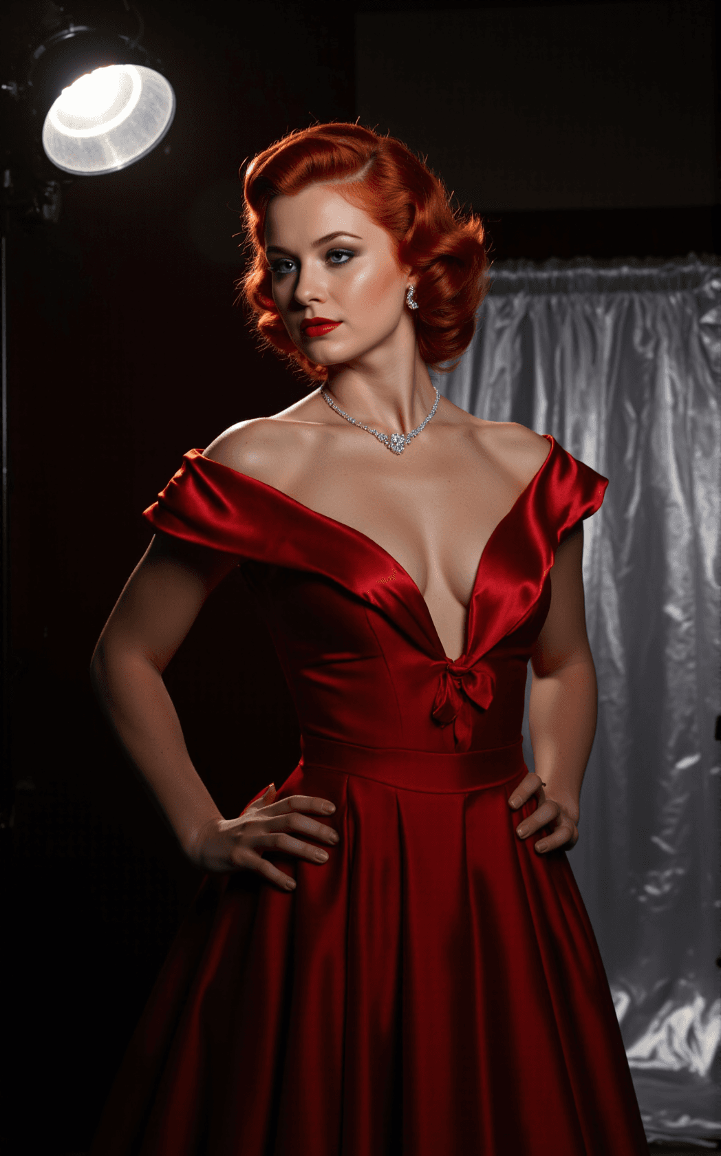 AI generated: A luminous 1950s Hollywood starlet stands beneath blazing studio lights, her hourglass figure define...