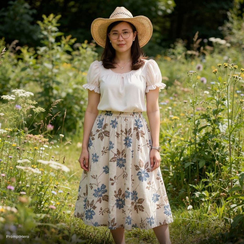 AI generated: A photorealistic full-body portrait of an adult woman standing in a lush, overgrown meadow, captured...
