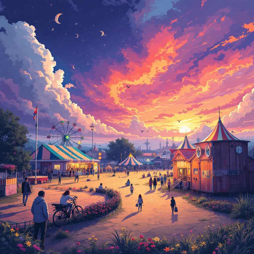 AI generated: An illustration of an album cover, a setting showing a funfair, beautiful colours.
