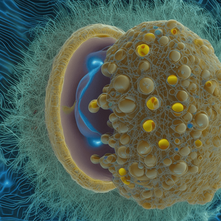 AI generated: human cell under a micro electron microscope, Intricate detail. Warm light. oil painting by James Gu...