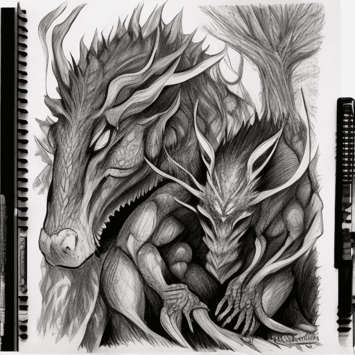 AI generated: Marker pen style fantasy sketch of two fantasy creatures, copic markers, black and white, passion4dr...