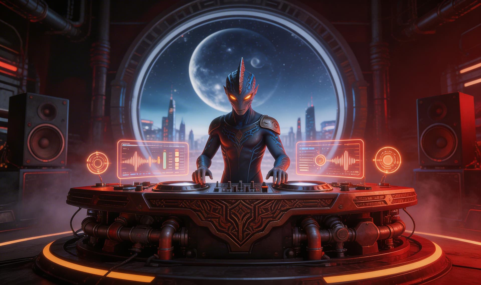 AI generated: Futuristic TAGG DJ command booth inside alien nightclub, massive elevated armored metallic platform ...