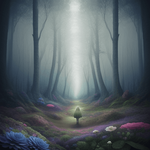 AI generated: a trippy surreal landscape view of a magical forest in muted colours, three dimensional flowers and ...