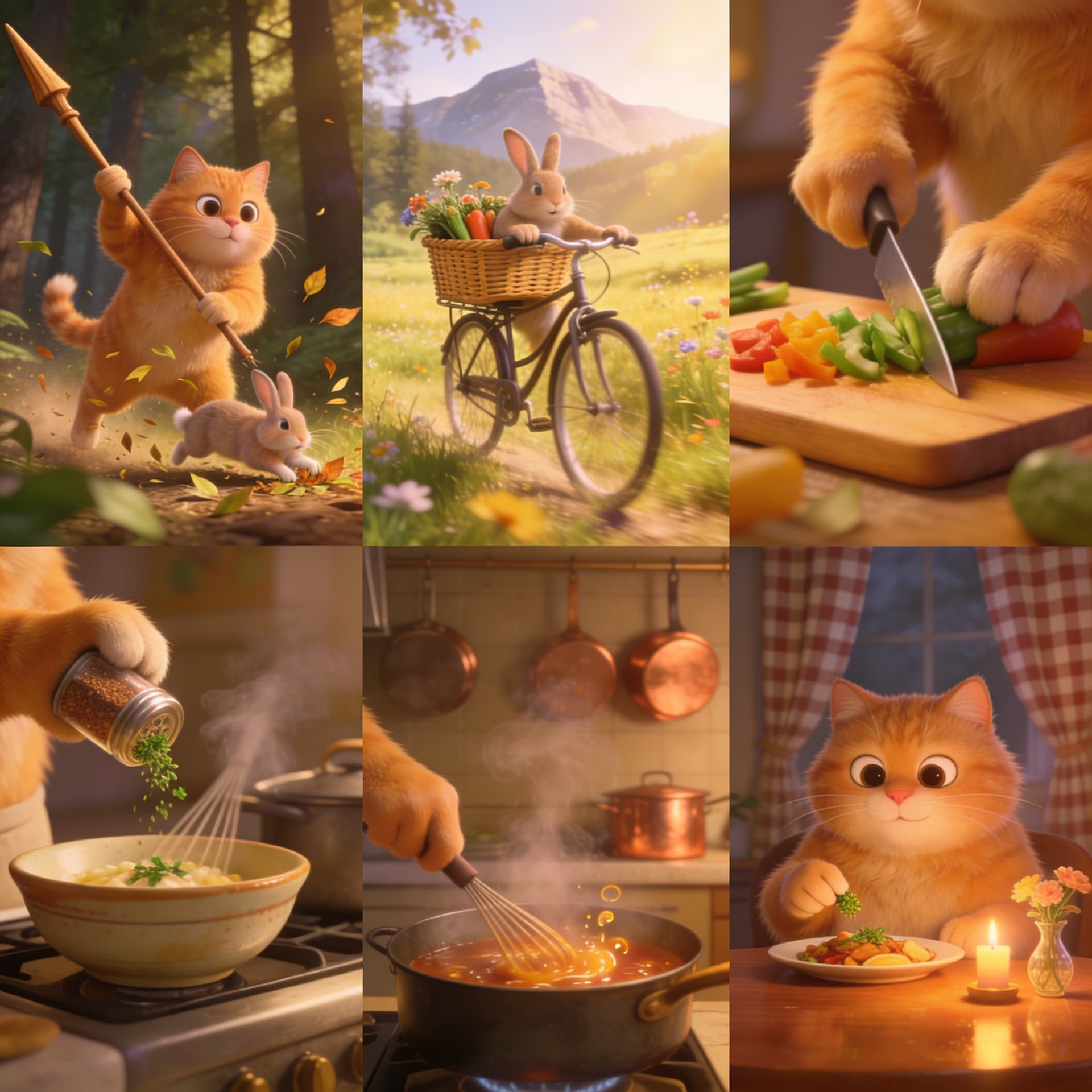 AI generated: 
Create a series of cinematic scenes featuring an oversized ginger cat as it embarks on a stylized, ...