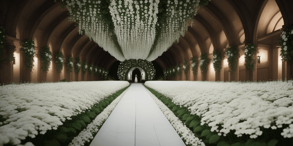 AI generated: flower tunnel, White flowers,8k, uhd, depth of field, Highly Detailed ,Hanging Garden, Organic, Epic...