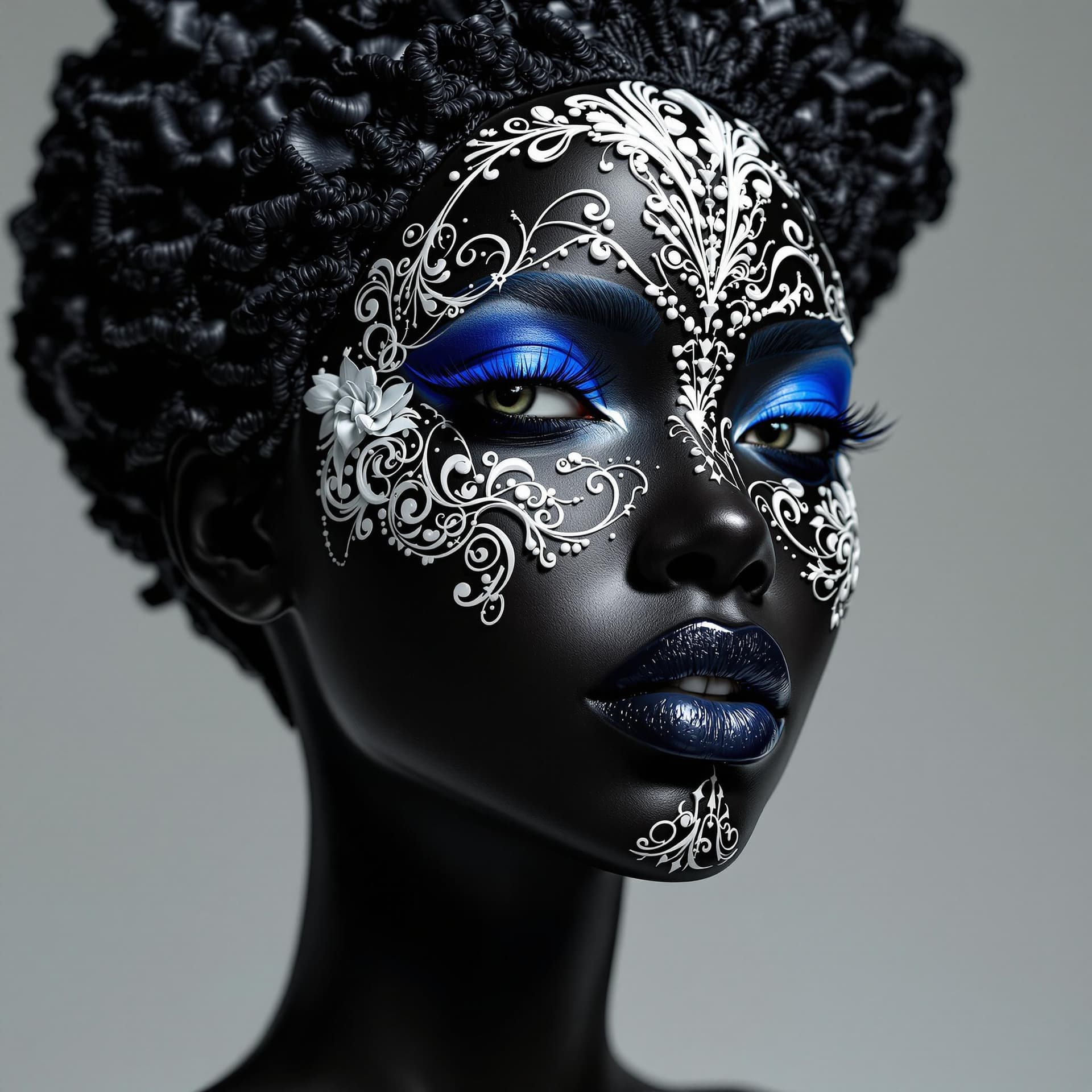 AI generated: a black woman made out of black porcelain, in the style of balanced symmetry, white and blue, detail...
