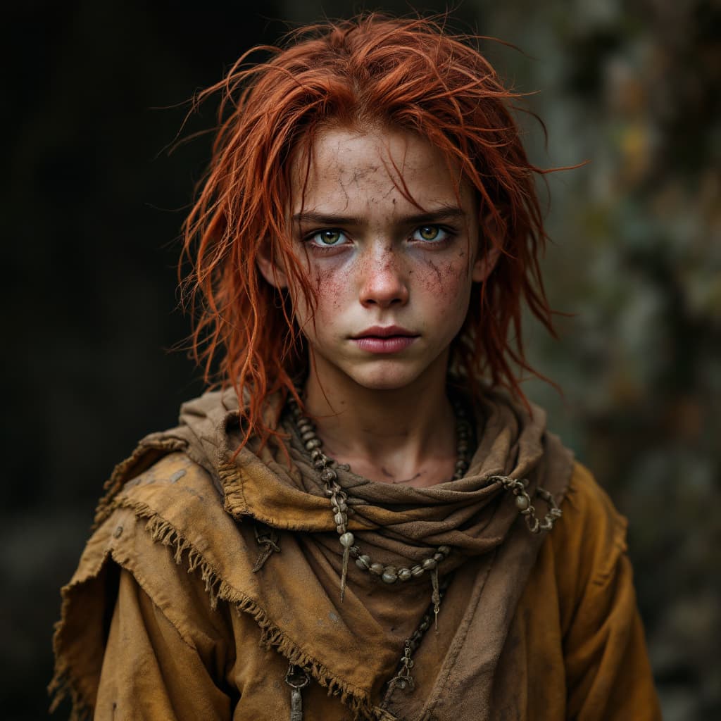 AI generated: make a image of a 10 year ancient boy who has red long hairs  and dirty face and clothes and brown s...