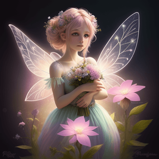 AI generated: fairy with flowers, pastel colors, extremely detailed, lights, glow, flowers