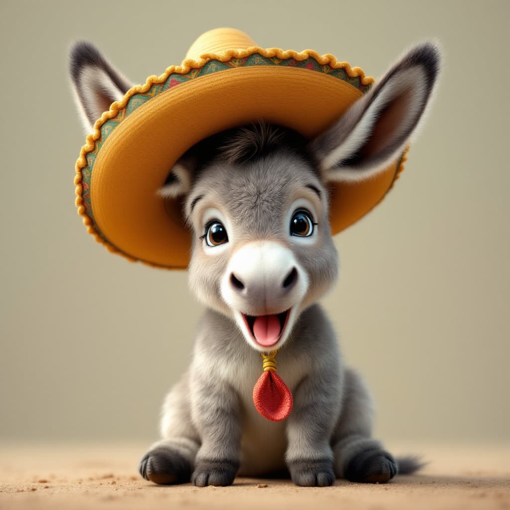 AI generated: Create an image of a playful baby donkey wearing a sombrero