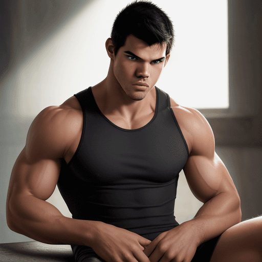 AI generated: High resolution photography of Taylor Lautner wearing a singlet, muscular arms, muscular legs, black...