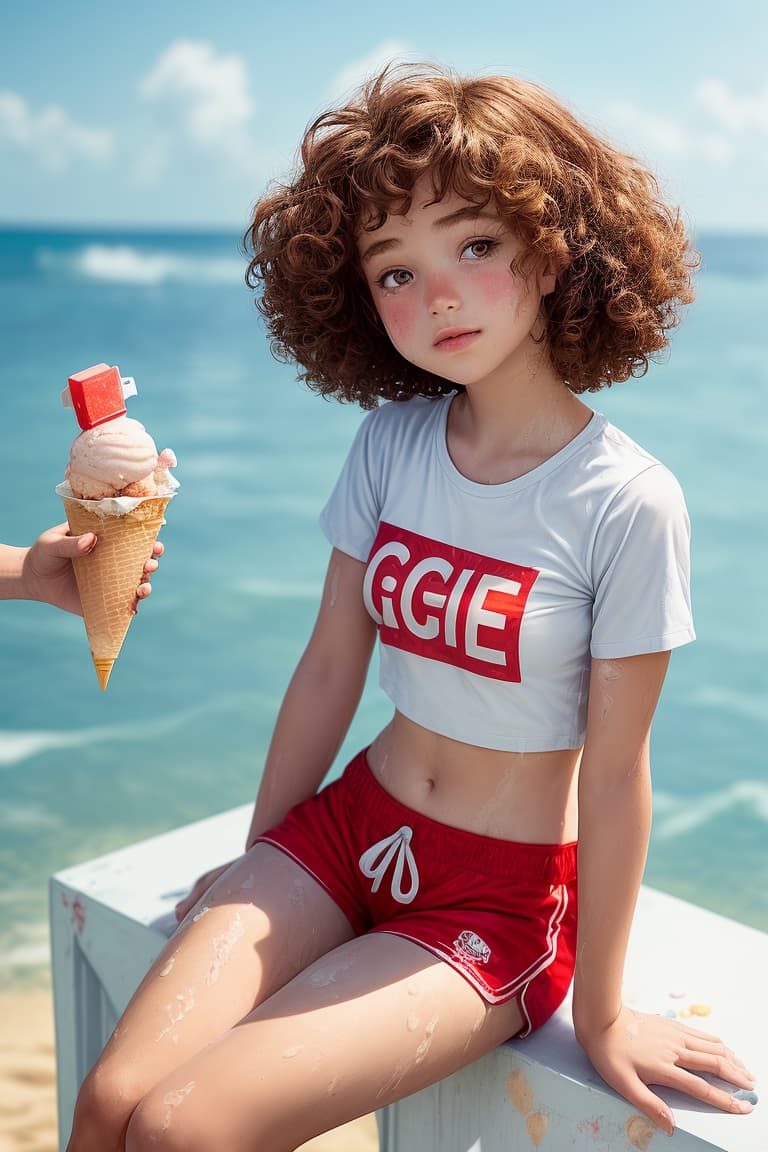 AI generated: 1girl, a girl as a lifeguard, sitting in the sun on a white lifeguard tower, plain white shirt, red ...