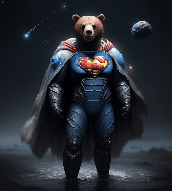 AI generated: the bear is dressed superman and standing in an outer space suit, in the style of brushwork explorat...