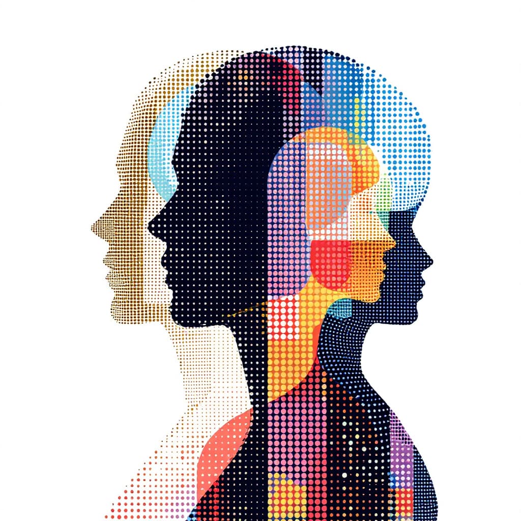 AI generated: dot matrix, minimalist geometric art, digital dot, vector graphics, front view of abstract human sil...
