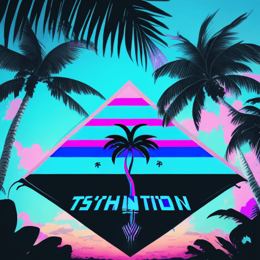AI generated: Synthwave Tropical nation flag with a palm tree at the center, blue, black, white colors