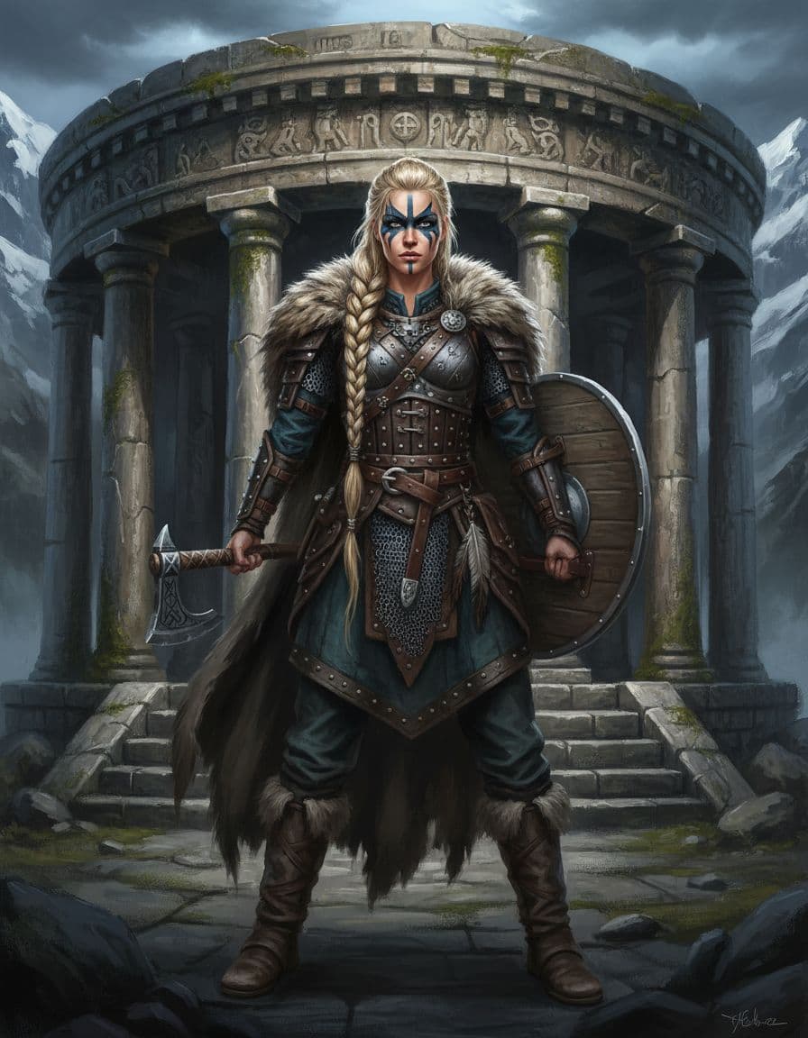 AI generated: Full body acrylic oil painting of a female Viking warrior with braided hair. War paint on her face. ...