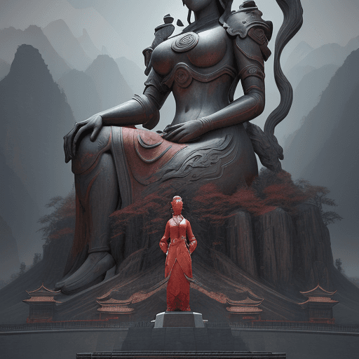 AI generated: a large statue with a woman looking at it, in the style of unreal engine 5, northern china's terrain...