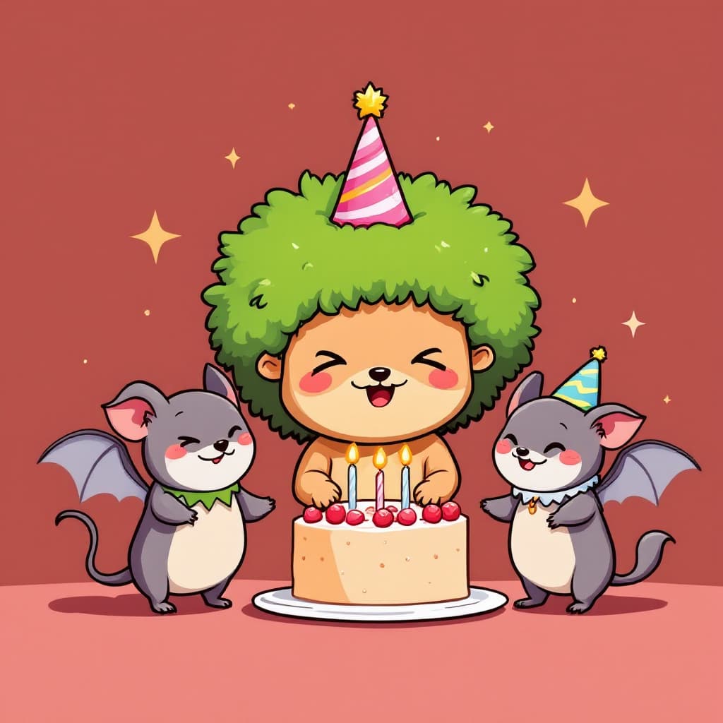 AI generated: happy funny cartoon of a headgehog with green afro tupet partying his birthday with two cute bats on...