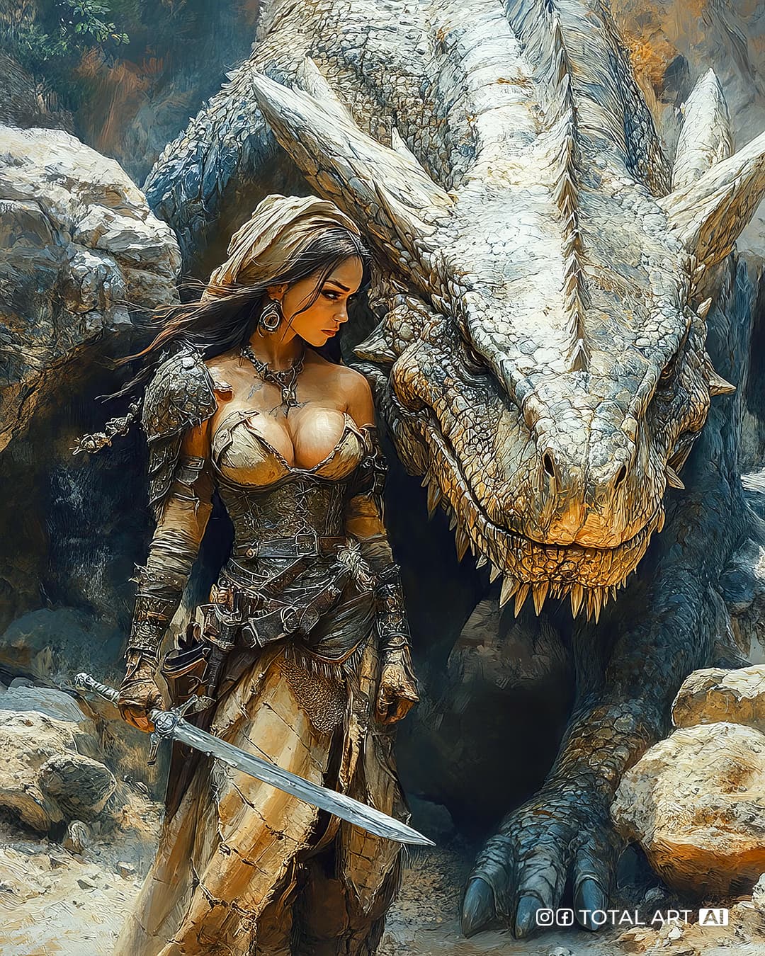AI generated: A fantasy painting of an attractive female barbarian dressed in an Arab warrior style, battle armor,...